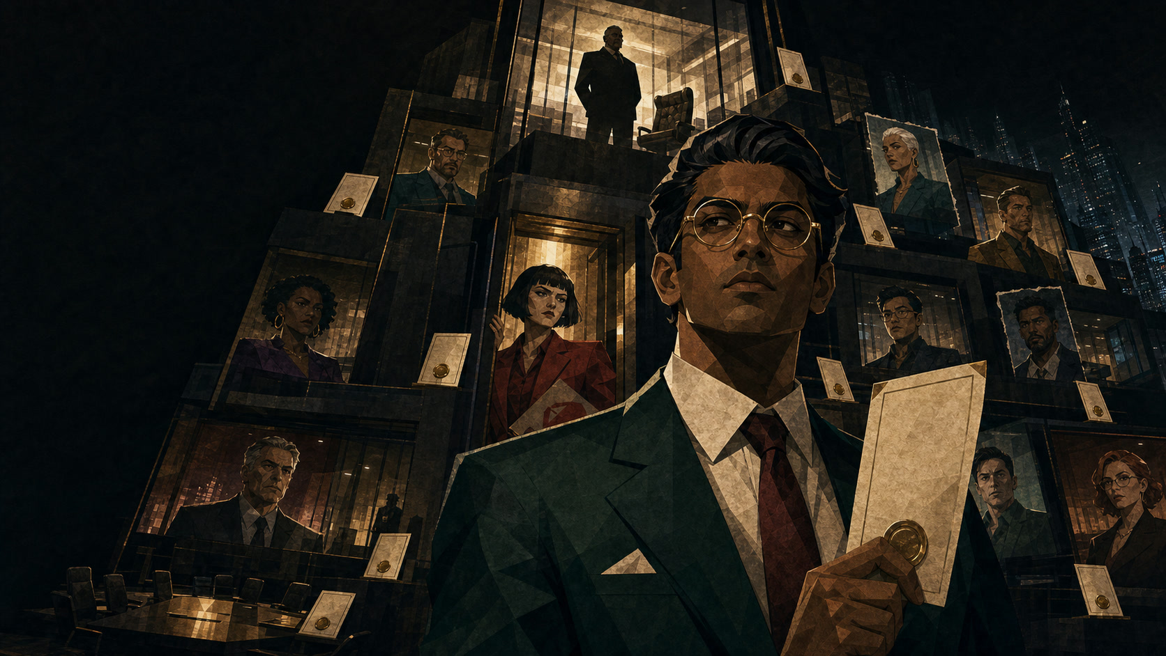 Eleven bosses gather inside Gideon Dunne-Wright's impossible corporate headquarters